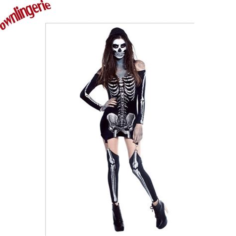 Halloween Costume Black Cosplay Skull Performance Clothing Sexy Women Long Skeleton Dress 40055