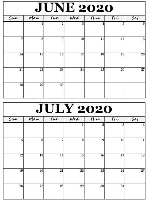 Printable June July Calendar 2020 July Calendar Calendar Calendar Word