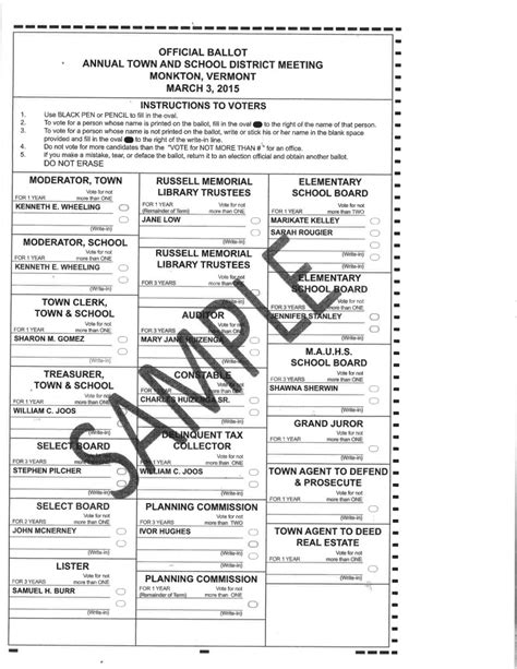 4 th street, apollo, pa 15613. Sample Ballots for Town Meeting Day March 3, 2015 | Monkton Vermont