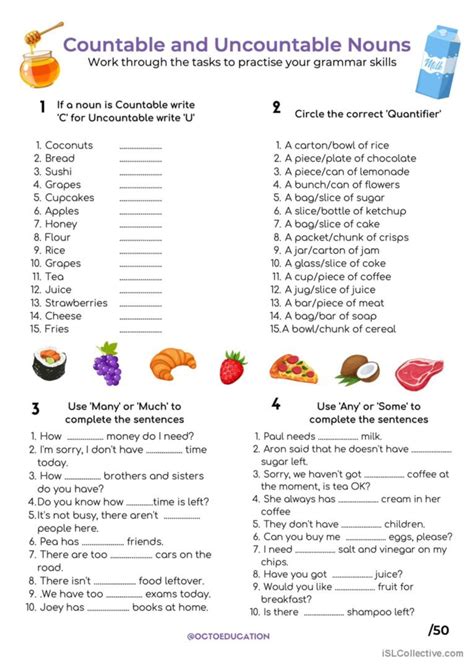 Countable And Uncountable Nouns Worksheet For Class 5 Printable