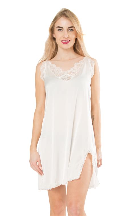 Satin Knee Length Chemise Nightdress Nightie Slip Lace Trim Size 10 20 Ebay