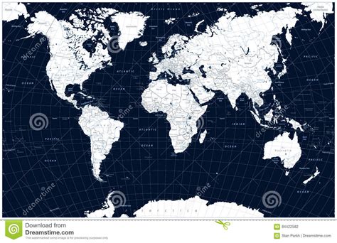 Dark Blue Color World Map And Water Objects Vector Illustration