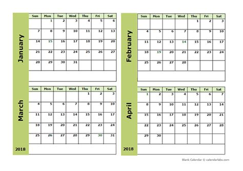 2018 Blank Four Month Calendar Free Printable Templates
