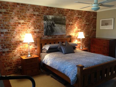 Brick Wallpaper Accent Wall In Bedroom Rustic Bedroom