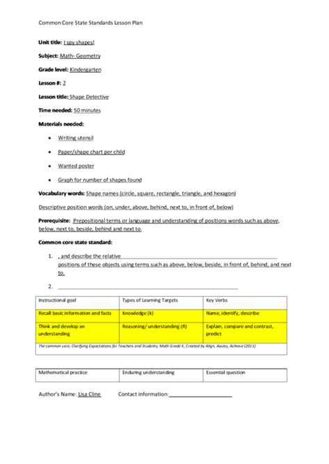 Common Core State Standards Lesson Plan Printable Pdf Download