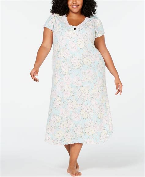 Miss Elaine Plus Size Printed Brushed Pointelle Knit Long Nightgown