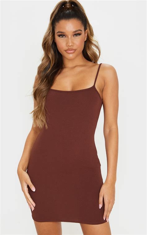chocolate brown straight neck strappy bodycon dress prettylittlething