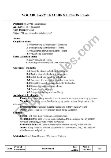 esl lesson plan pdf lesson plan vocabulary