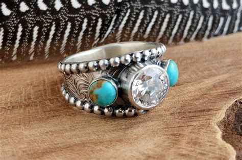 Turquoise Ring With CZ Sterling Silver Western Wedding Etsy