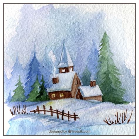 Hand Painted Snowy Church Free Vector