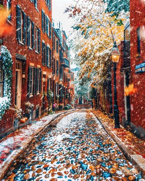 Snowfall On Acorn Street Boston Ma Cozyplaces