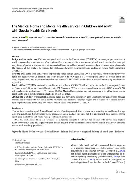 The Medical Home And Mental Health Services In Children And Youth With