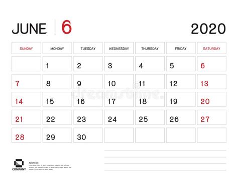 Juni 2020 Jaarmalplaatje Kalender 2020 Vector Het Ontwerp Van De