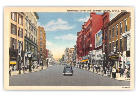 Lowell Massachusetts Merrimack Street From Kearney Square Vintage