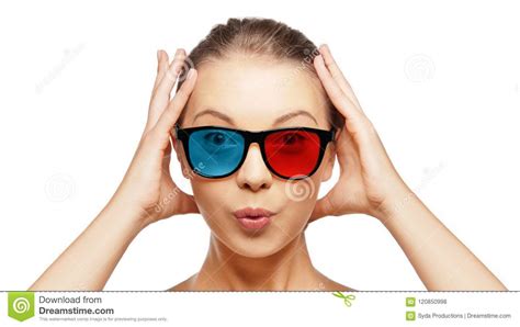 Excited Young Woman In Red Blue 3d Glasses Stock Photo Image Of Happy