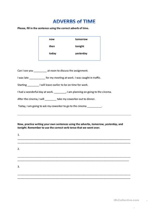 They can provide a wide range of information. Adverbs of Time worksheet - Free ESL printable worksheets ...