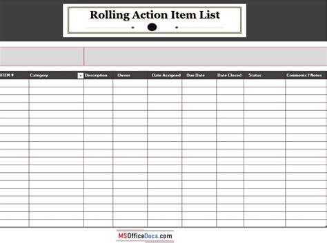 Free Rolling Action Item List Templates Ms Office Documents