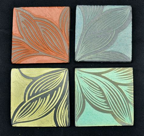 Beautiful Carved Ceramic Tile Sgraffito Carvedgroup Of 4 375