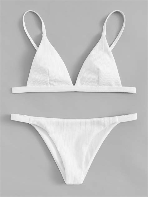 textured plunging top with triangle panty bikini in 2020 white bikinis triangle bikini