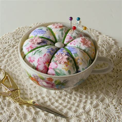 Dainty Pink Flowers Tufted Teacup Pincushion Vintage Porcelain