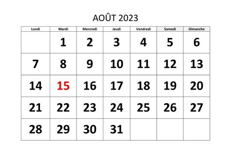 Calendrier Août 2023 Mensuel 2023 Calendrier