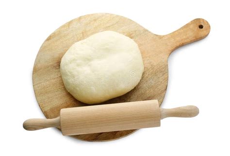 Fresh Yeast Dough And Wooden Rolling Pin Isolated On White Top View