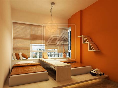 Orange Bedroom With Two Kids Bed Design Interior Design Ideas