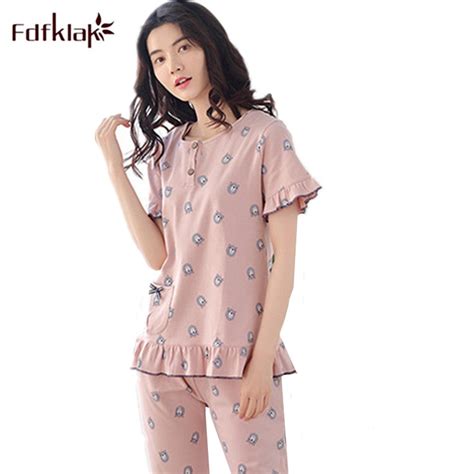 Fdfklak Cotton Print Pyjamas Women Short Sleeve Pajamas For Woman Summer Pijama Set Lounge Wear