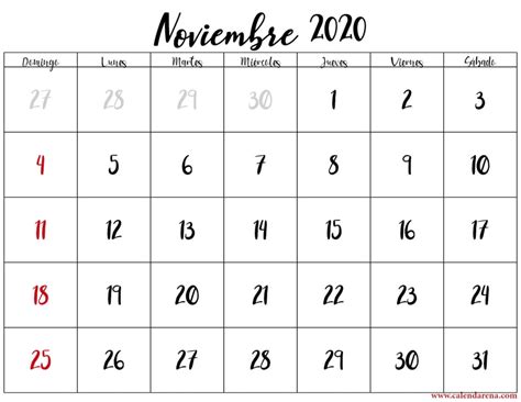 Planificador De Plantillas De Calendario De Noviembre De 2020