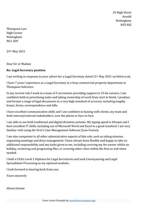 Legal Secretary Cover Letter Example Coverletterexamplesapp
