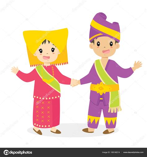 Kids In Padang Traditional Dress Cartoon Vector — Stock Vector