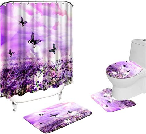Amazon Com Vividhome Purple Butterfly Shower Curtain Set Flower Field