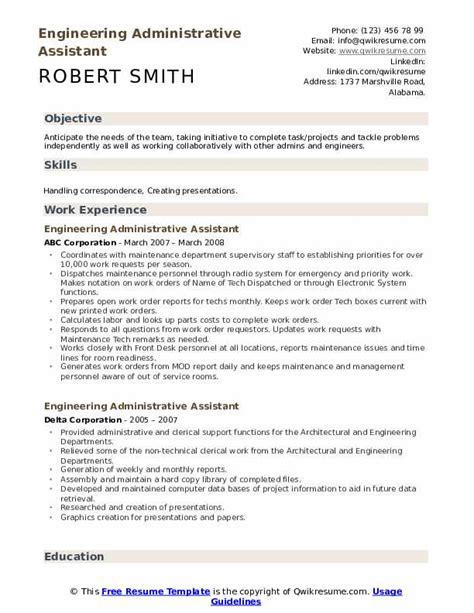 Engineering Administrative Assistant Resume Samples Qwikresume