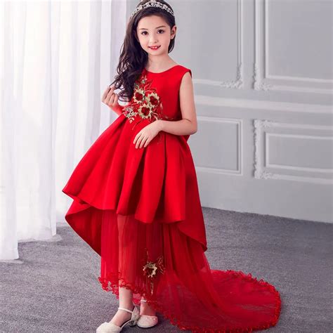 Baby Girls Elegant Lace Dresses Children Red Kids Long Tail Evening