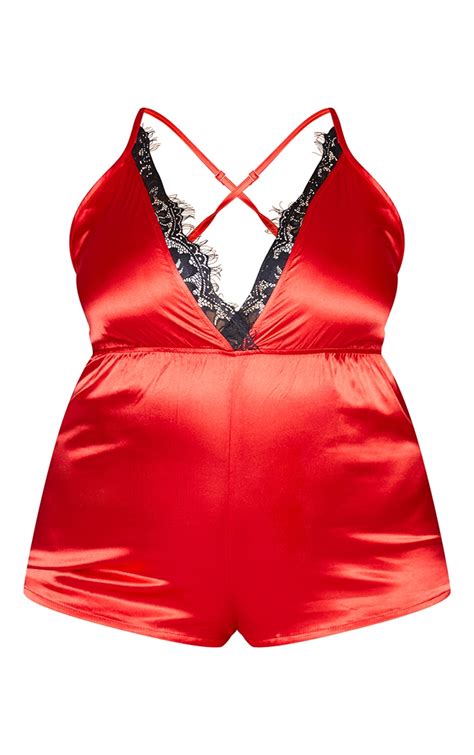 Plus Red Lace Trim Satin Teddy Plus Size Prettylittlething