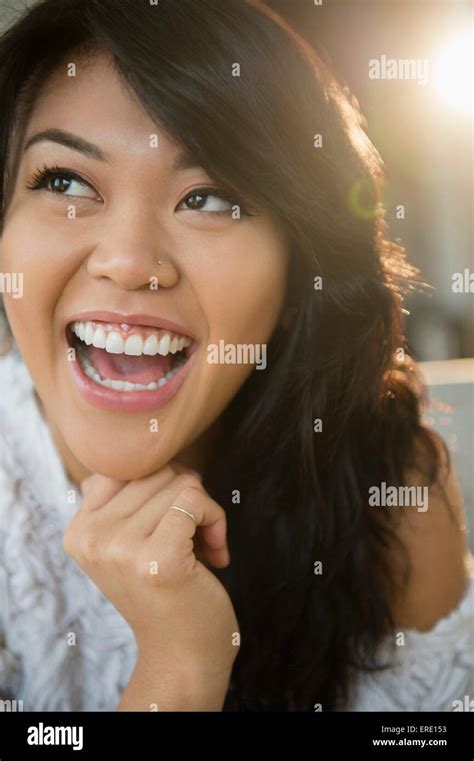Close Up Of Pacific Islander Woman Laughing Stock Photo Alamy