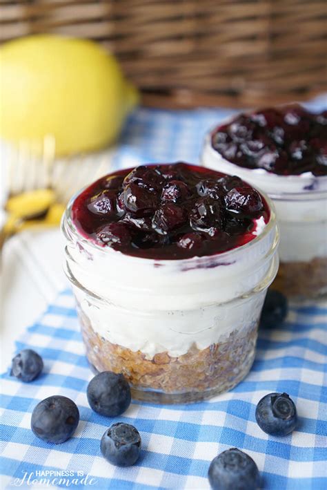 These cheesecake jars are really easy to make, are absolutely delicious and full of blueberry flavor. No-Bake Blueberry Cheesecake in a Jar - Happiness is Homemade