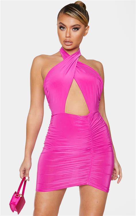 Hot Pink Slinky Halterneck Plunge Ruched Dress Prettylittlething Usa
