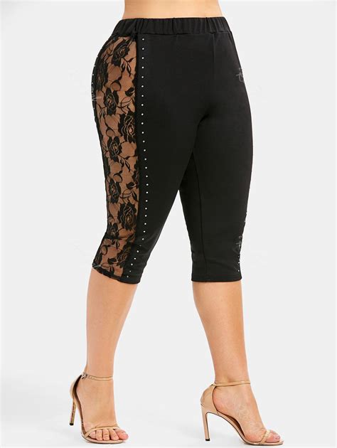 OFF Plus Size Beaded Lace Panel Capri Leggings Rosegal