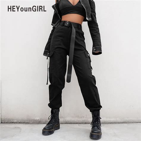 Heyoungirl Streetwear Cargo Pants Women Casual Joggers Black High Waist