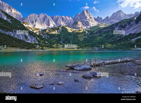 Austria Tyrol Ehrwald Seebensee Lake With Mieminger Mountain Stock