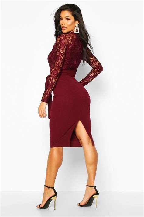 Womens High Neck Long Sleeve Lace Midi Dress Red 6 Dresses Are