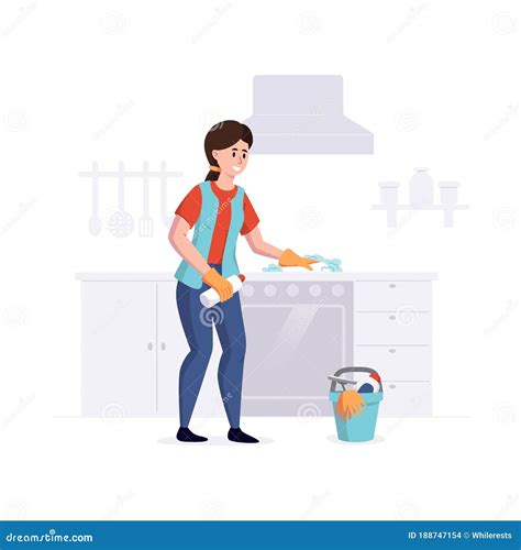 Woman From A Cleaning Service Professional Cleans Cooking Surface In