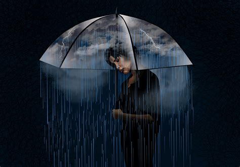 Woman Under Umbrella With Rain And Lightning Storm Stock Images