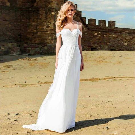 White Spaghetti Straps Pleated Beach Wedding Dress 2017