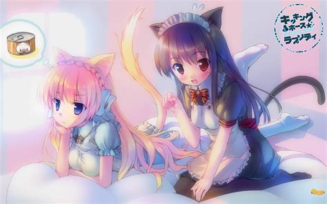 Tail Anime Girls Pink Hair Nekomimi Blushing Kneeling Anime Hair Ornament Cat Ears Blue