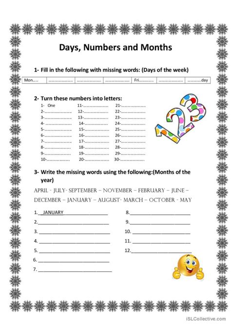 Days Numbers And Months English Esl Worksheets Pdf And Doc