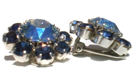 Vintage Blue Rhinestone Clip On Earrings Signed Austria With
