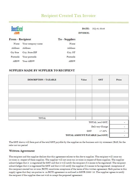 Recipient Created Tax Invoice Agreement Invoice Template Ideas My XXX