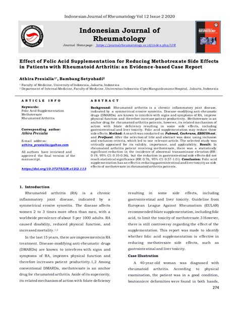 Pdf Effect Of Folic Acid Supplementation For Reducing Methotrexate